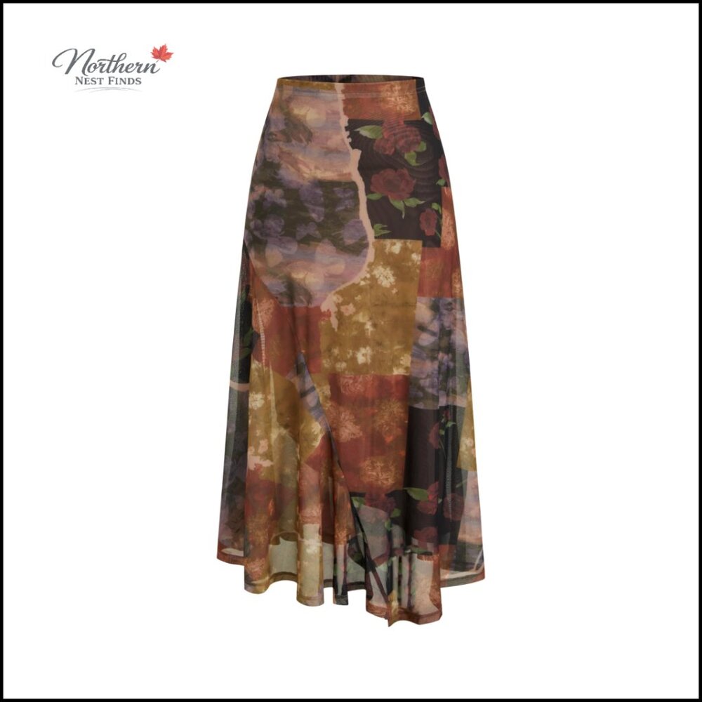 Floral Mesh Maxi Skirt Asymmetrical Hem Mid Waist Stretchy Long Fall